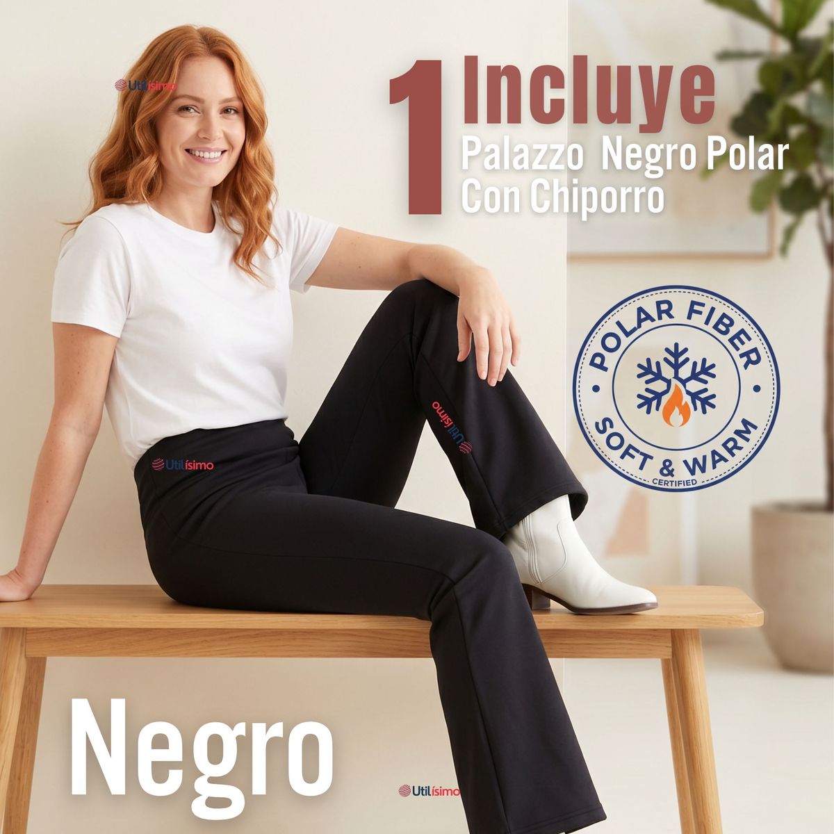 UTILISIMO - Calza Polar Con Chiporro Palazzo Mujer Elasticada Térmica Negra