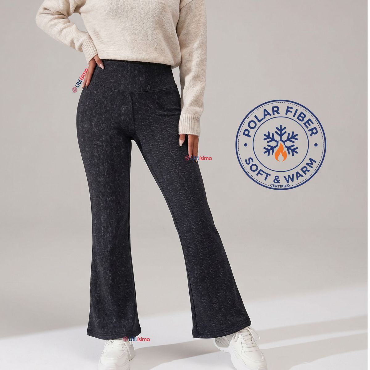 UTILISIMO - Calza Polar Con Chiporro Palazzo Mujer Elasticada Térmica Negro Jeans