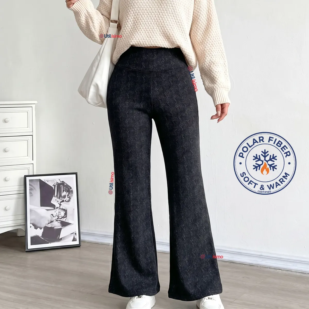 UTILISIMO - Calza Polar Con Chiporro Palazzo Mujer Elasticada Térmica Negro Jeans