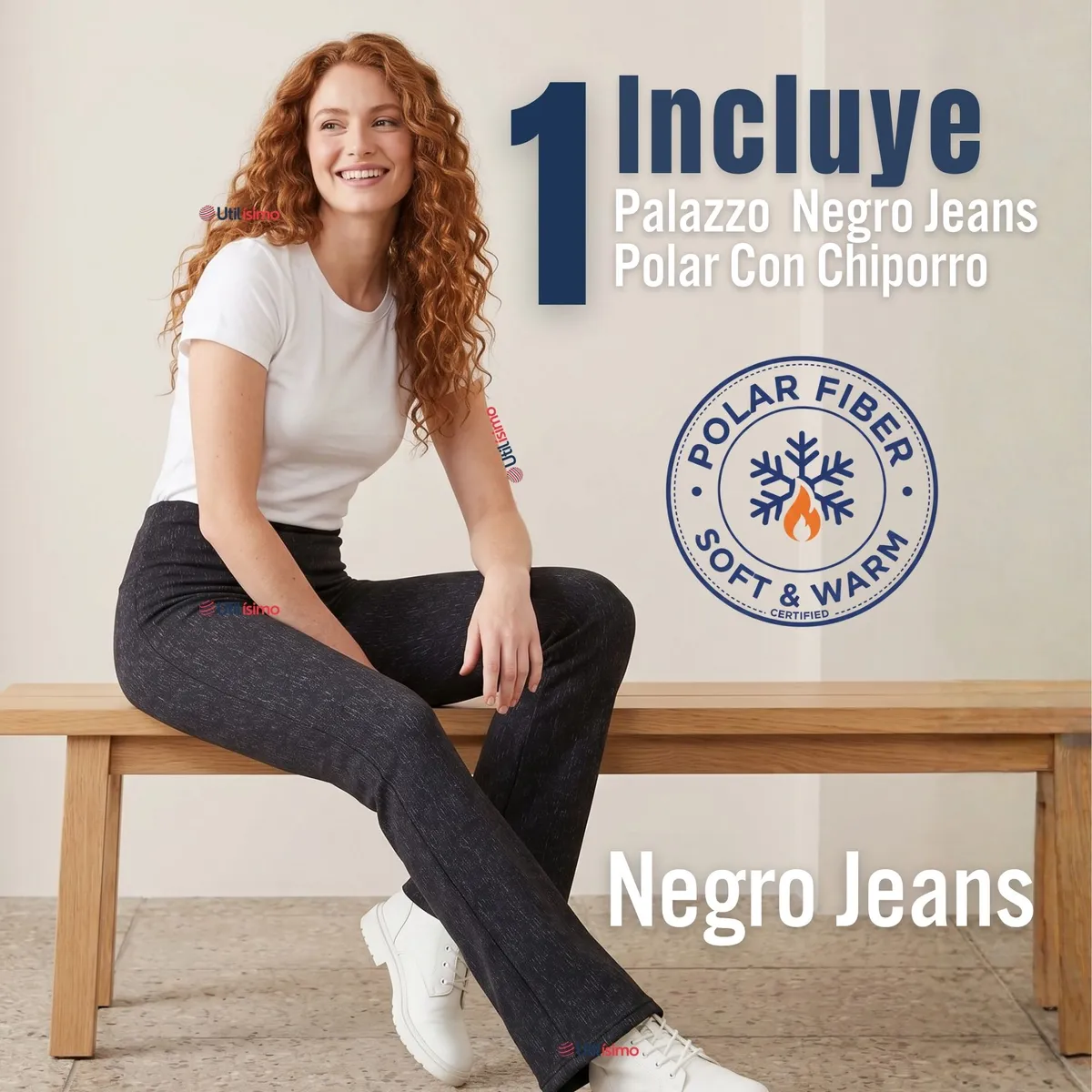 UTILISIMO - Calza Polar Con Chiporro Palazzo Mujer Elasticada Térmica Negro Jeans