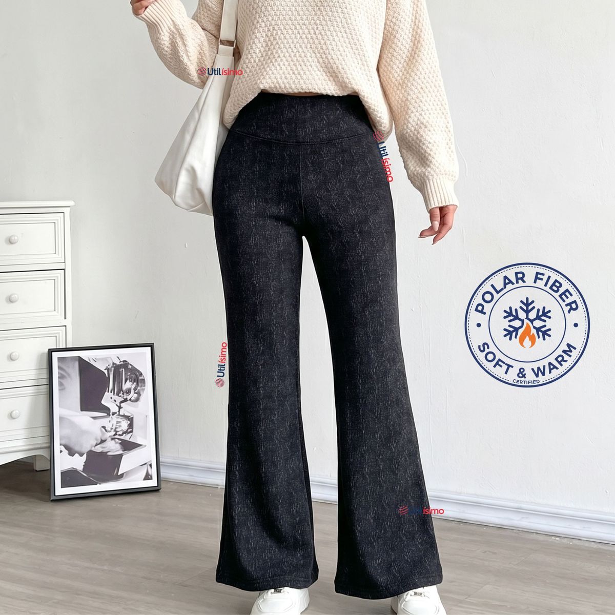 UTILISIMO - Calza Polar Con Chiporro Palazzo Mujer Elasticada Térmica Negro Jeans