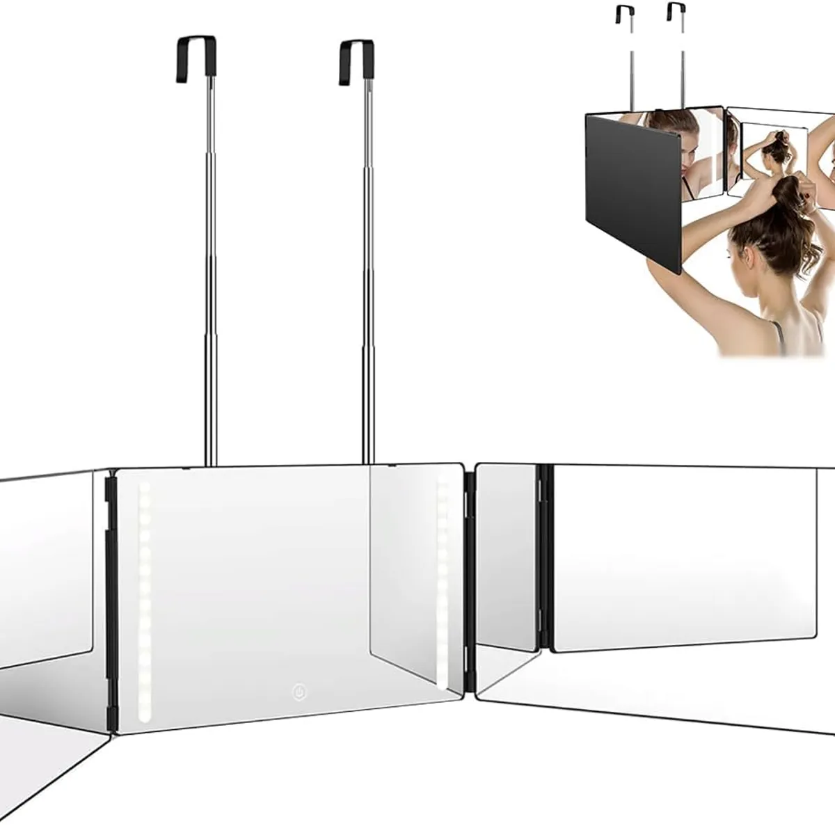 KUANGYE - Espejo De 3 Vías De Corte De Pelo Triple De 360° Con Ganchos Led