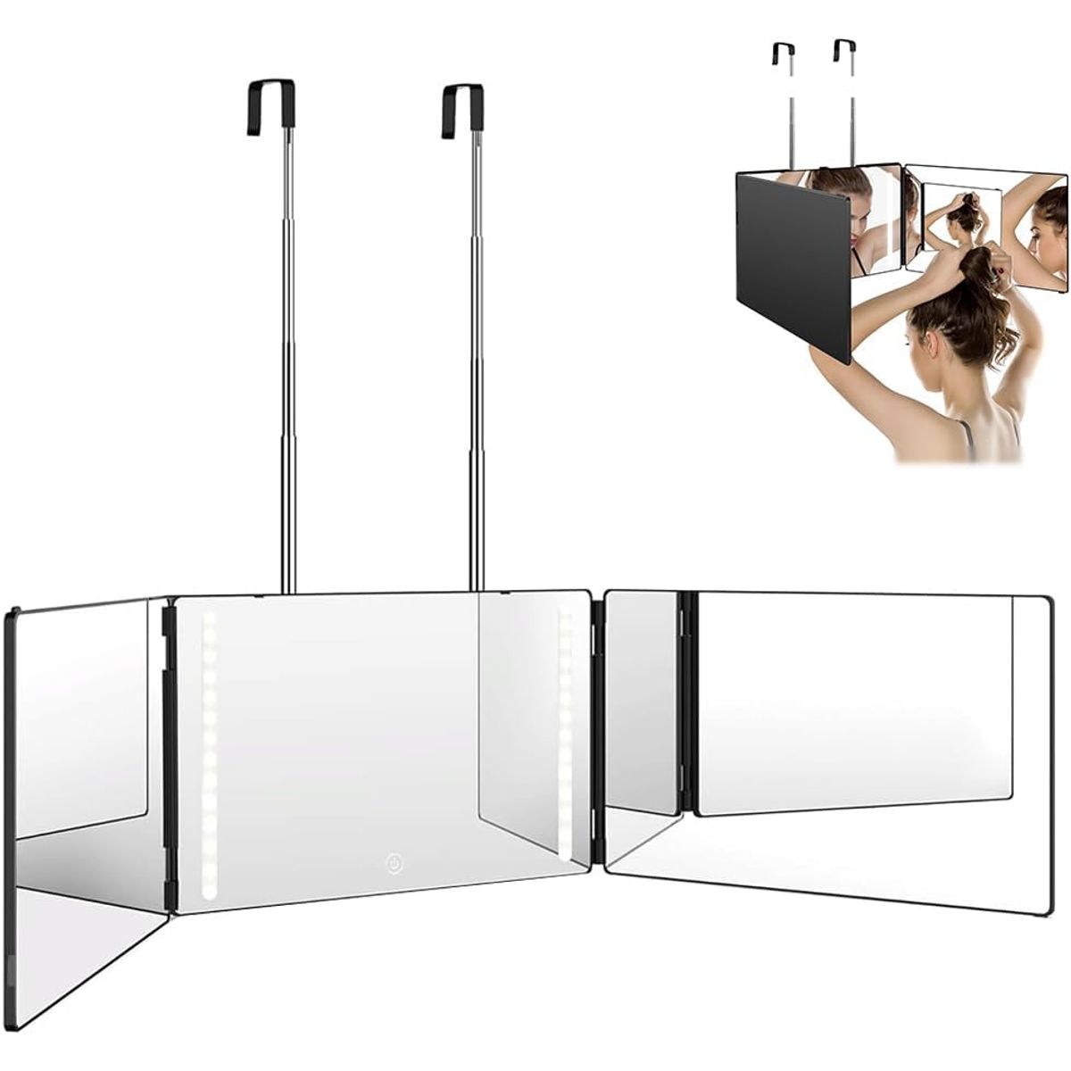 KUANGYE - Espejo De 3 Vías De Corte De Pelo Triple De 360° Con Ganchos Led