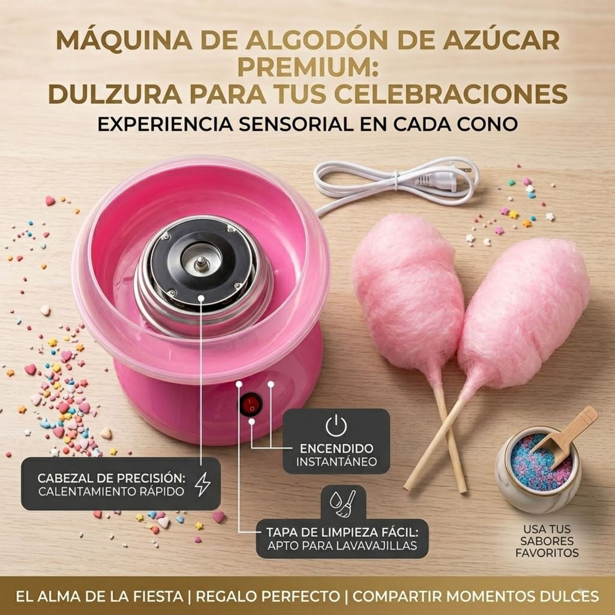 MOVI - Maquina para hacer algodón dulce en Casa, Rápida y Fácil - Ideal para Cumpleaños y Fiestas