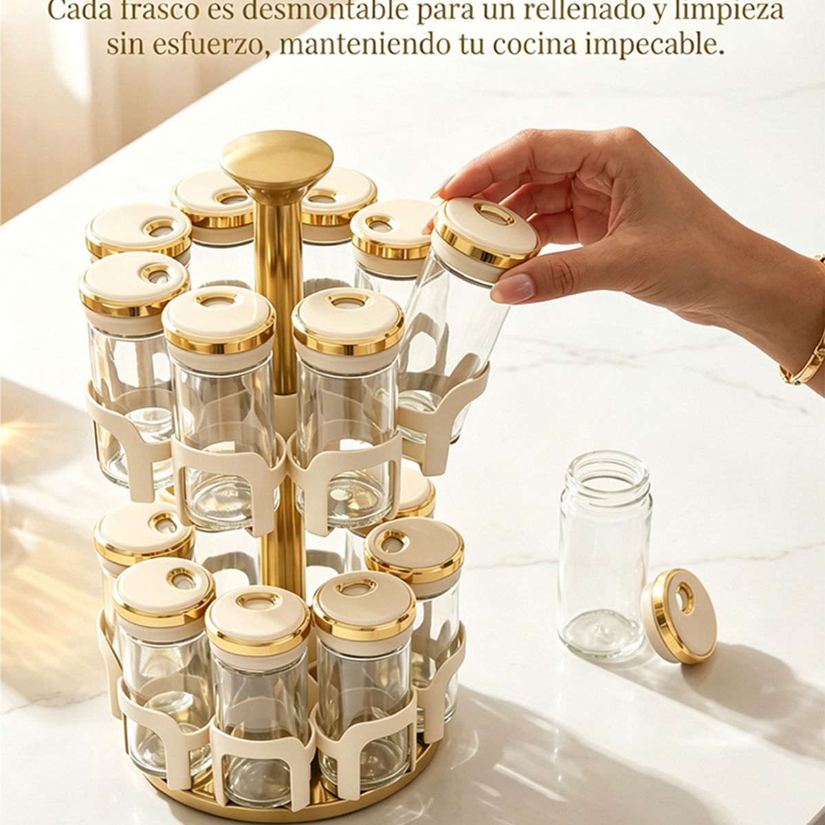 GENERICO - Especiero Giratorio 16 Frascos Vidrio Beige Dorado Organizador Cocina Lujo 2 Niveles