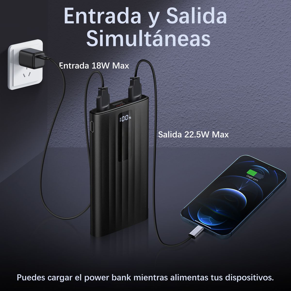 SANKARA - Power Bank 10000 Mah Batería Externa 22.5w Cargador Portatil Negro