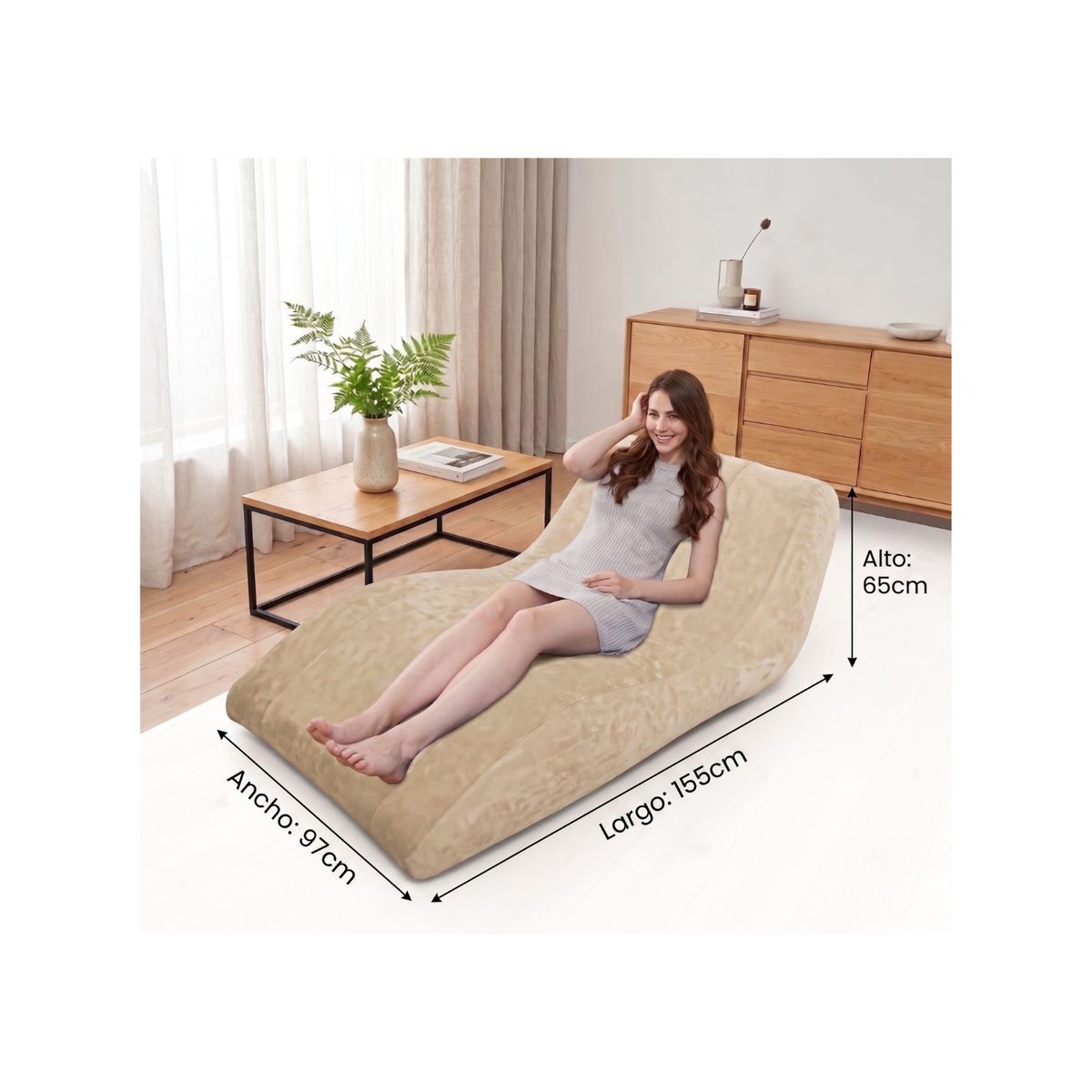 GENERICO - Silla Lounge Inflable Ergonómica Premium - Beige Velvet 155x97x65 cm
