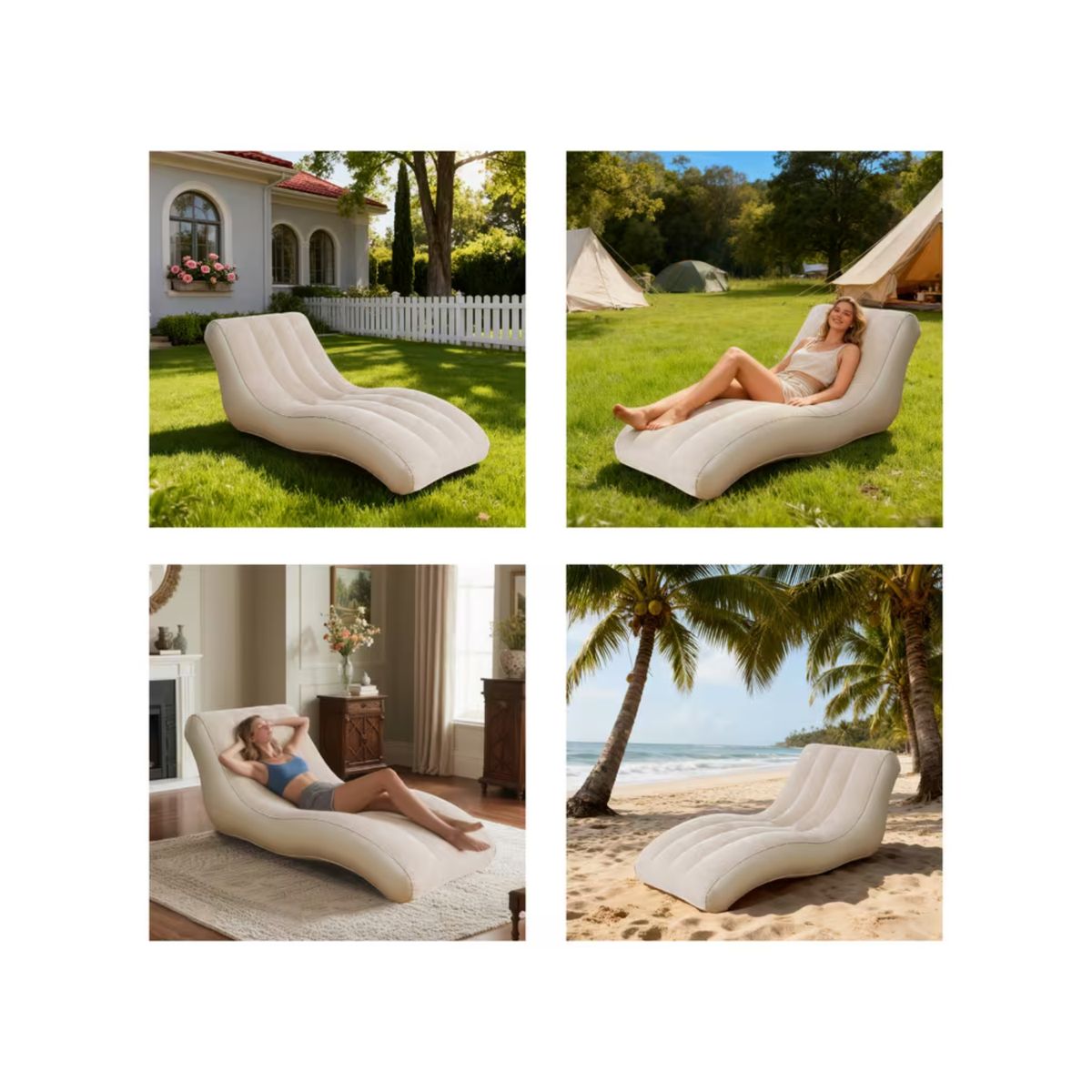 GENERICO - Silla Lounge Inflable Ergonómica Premium - Beige Velvet 155x97x65 cm