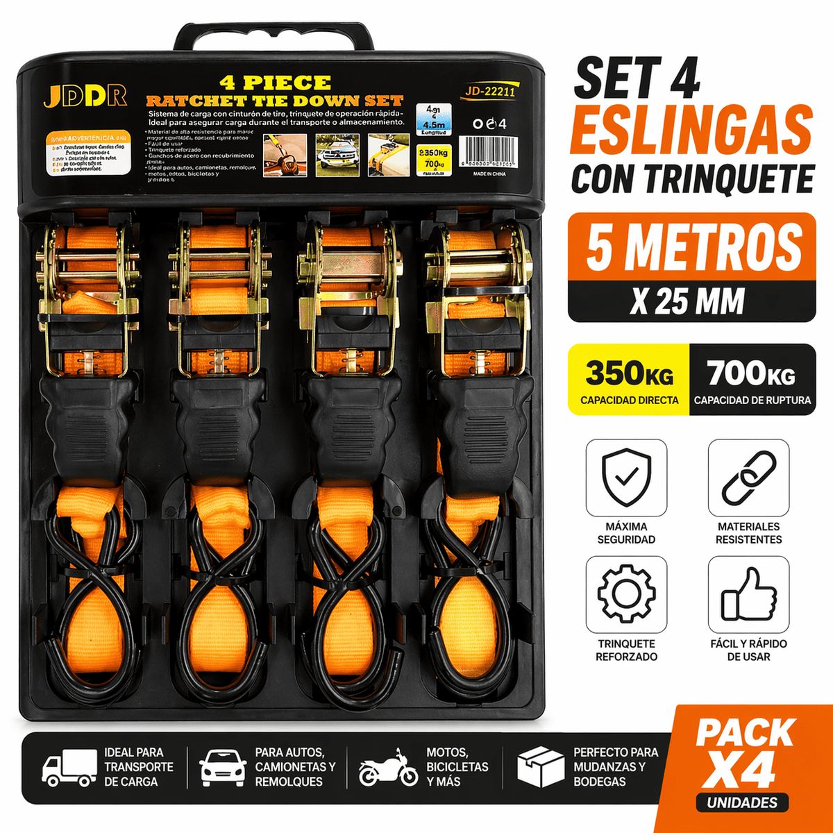 GENERICO - Set 4 Correas de Amarre con Trinquete (5m x 25mm) - Máxima Seguridad 350/700kg