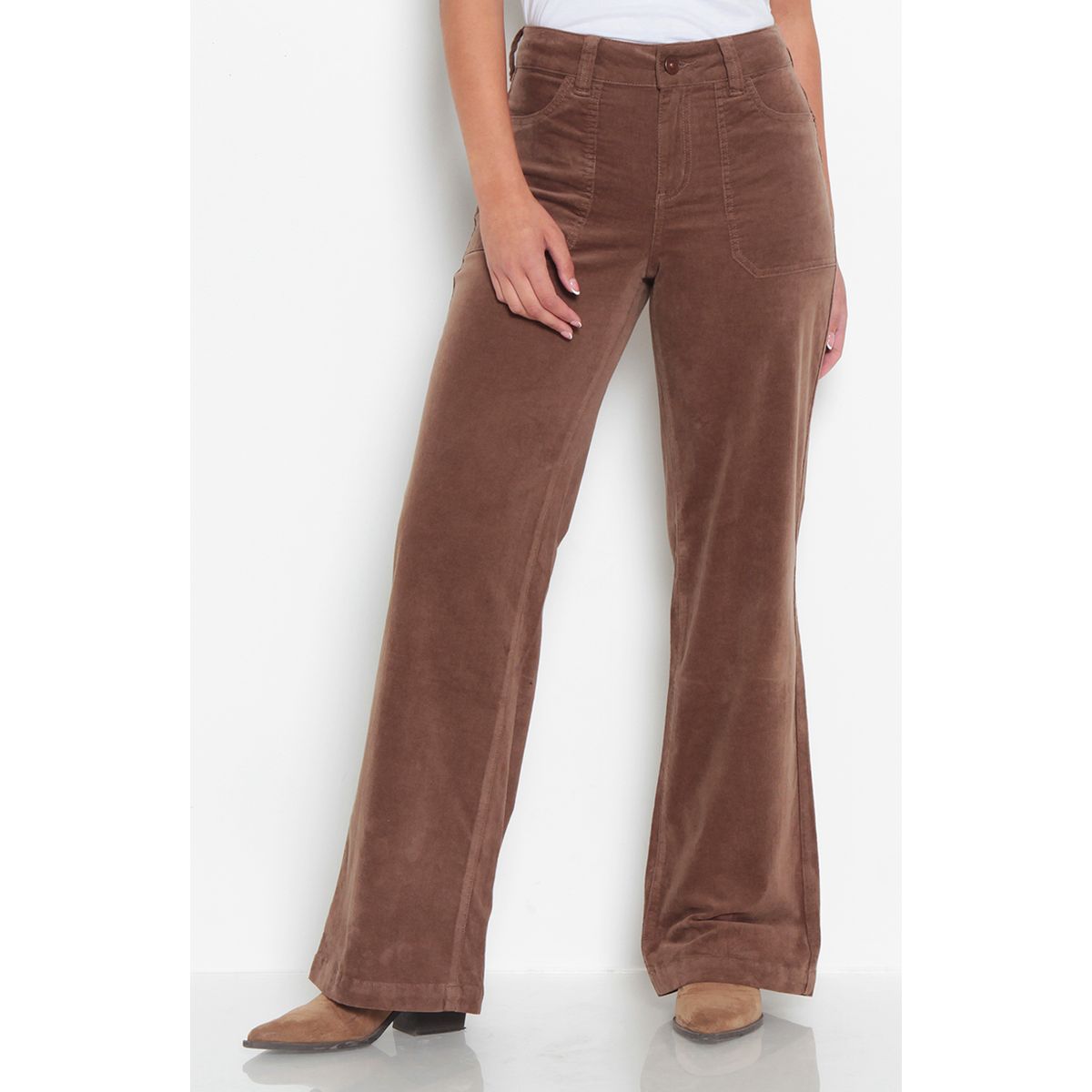 WADOS - PANTALON WIDE LEG COTELE TIRO ALTO PRETINA BASICA 1 BOTON