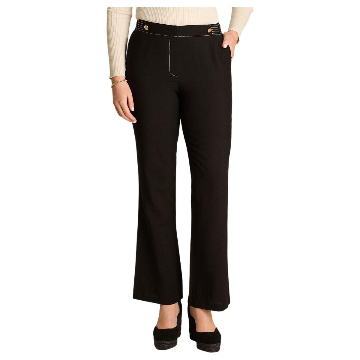 LORENZO DI PONTTI - Pantalón Negro Palazzo Formal con Dos Botones