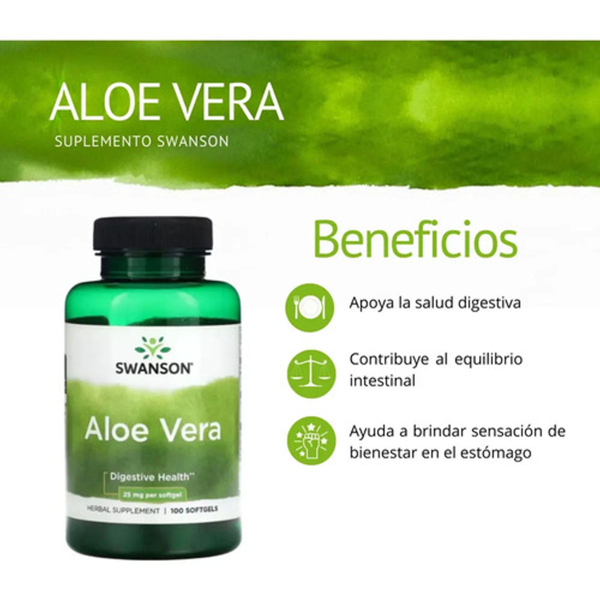 GENERICO - Suplemento Para La Digestión Aloe Vera Swanson 25mg 100 Cap Softgels