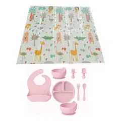 GENERICO - Pack Bebé Alfombra Plegable Y Set Alimentación Silicona Rosa Claro