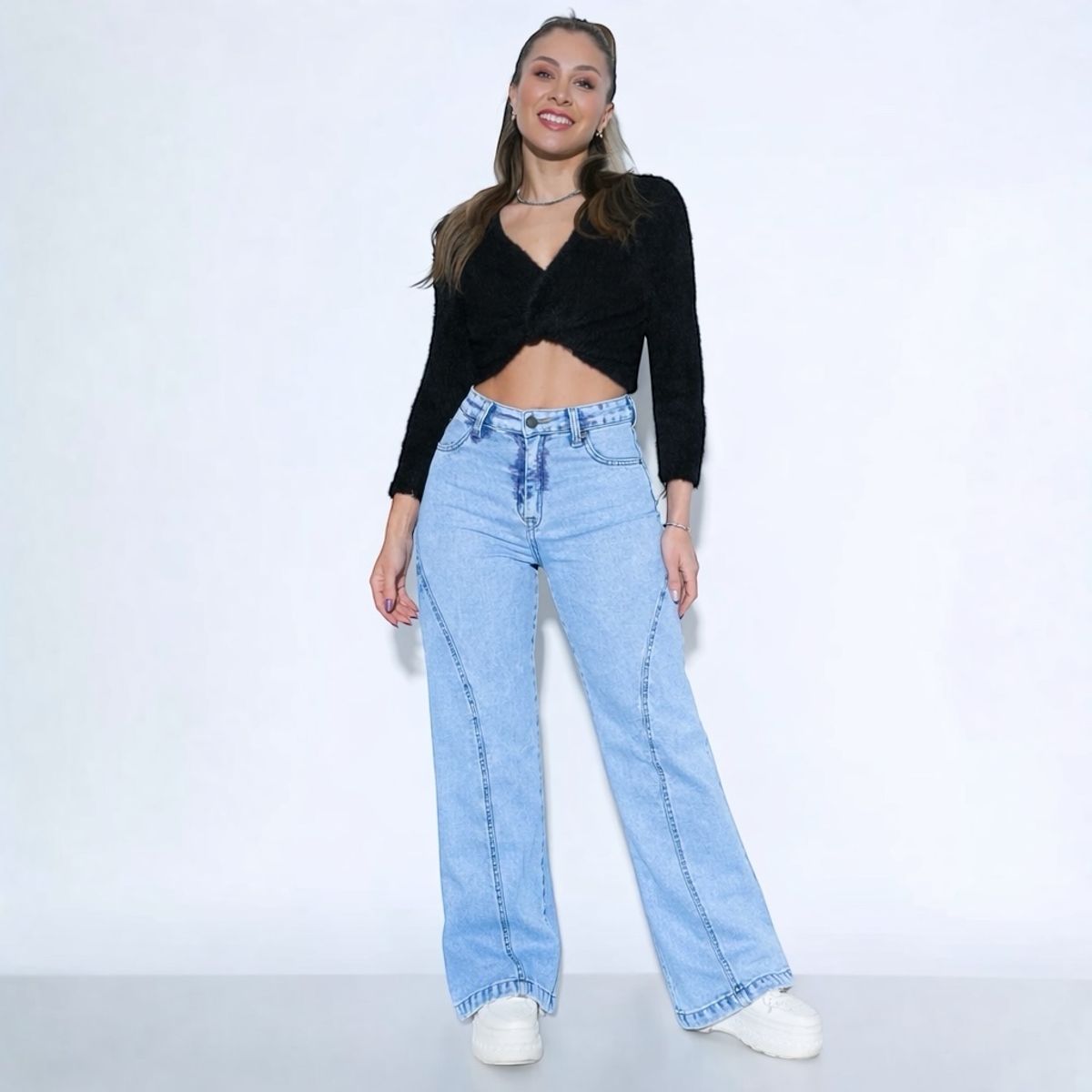 DOBLE V - Jeans Mujer Wide Leg Tiro Alto Calce Perfecto