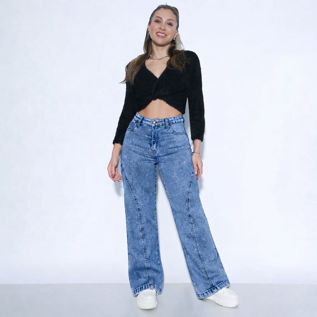DOBLE V - Jeans Mujer Wide Leg Tiro Alto Calce Perfecto