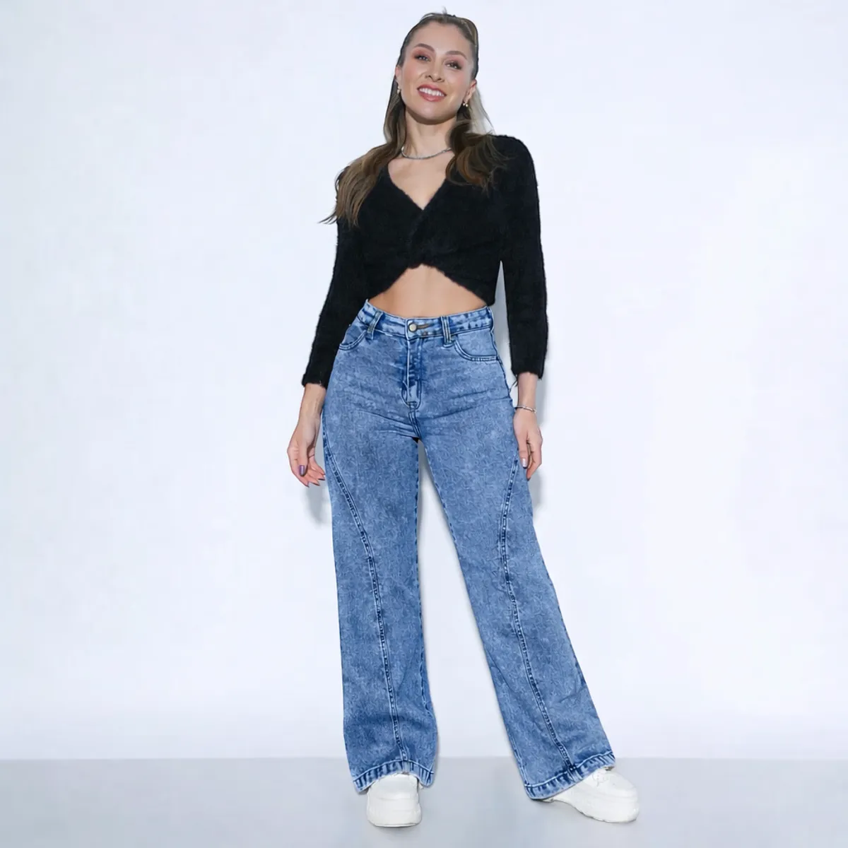 DOBLE V - Jeans Mujer Wide Leg Tiro Alto Calce Perfecto