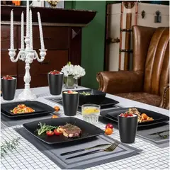 GENERICO - Cuadrada Vajilla Juego Cocina Paja Trigo Plato Tazas Kit Negro BELUG