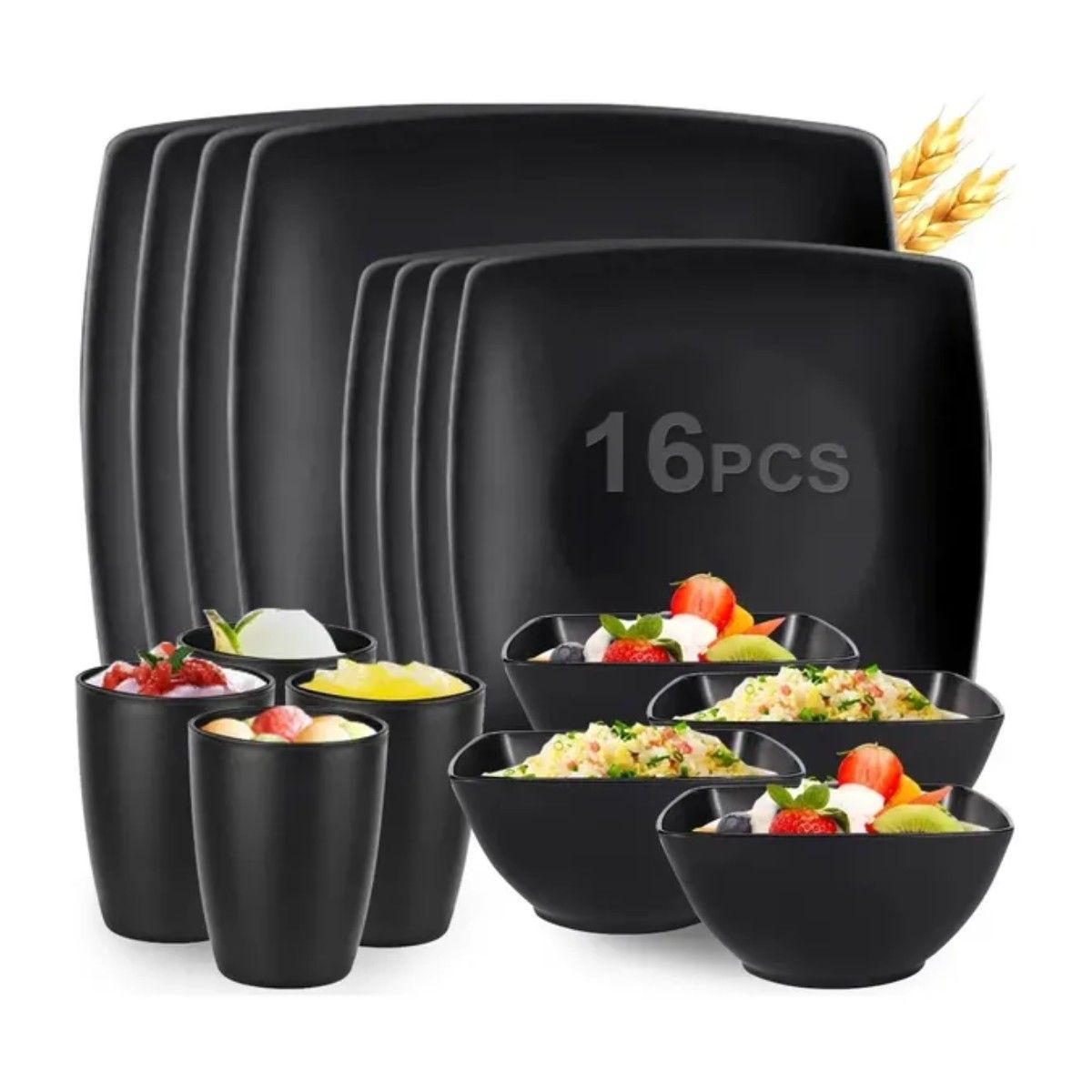 GENERICO - Cuadrada Vajilla Juego Cocina Paja Trigo Plato Tazas Kit Negro BELUG