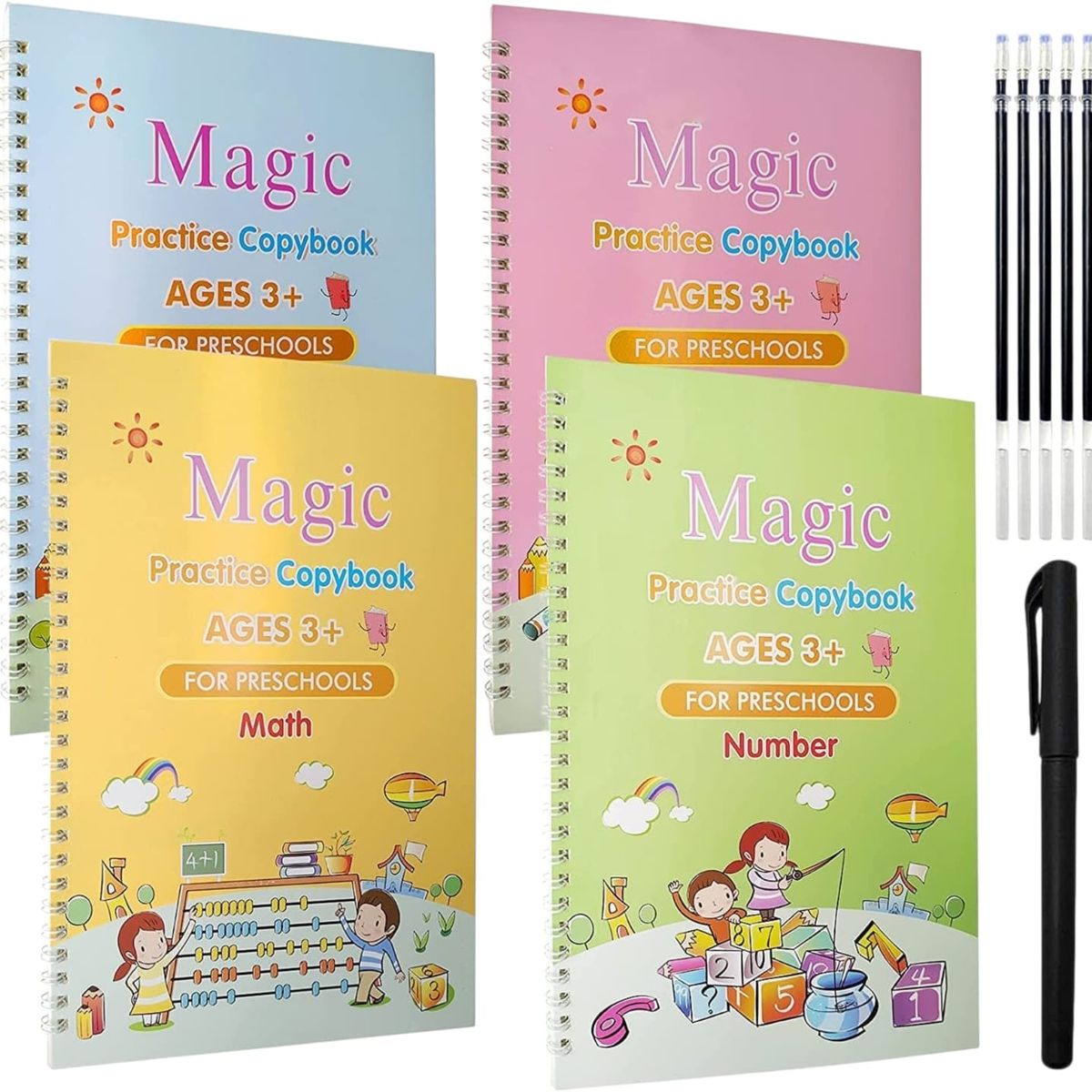 GENERICO - Set 4 Cuadernos Mágicos Caligrafía Aprendizaje Reutilizable