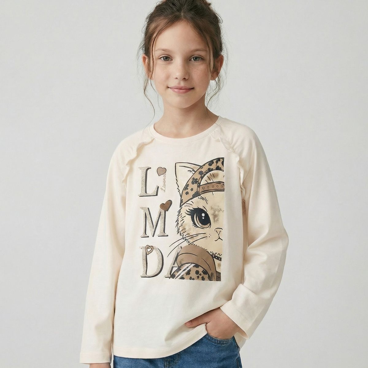 LIMONADA - Polera manga larga niña con gato crudo Limonada