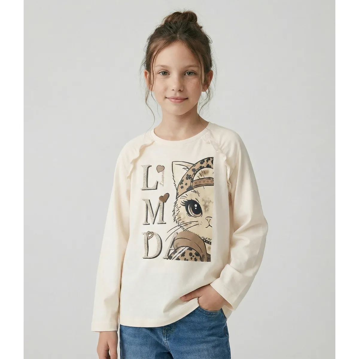 LIMONADA - Polera manga larga niña con gato crudo Limonada