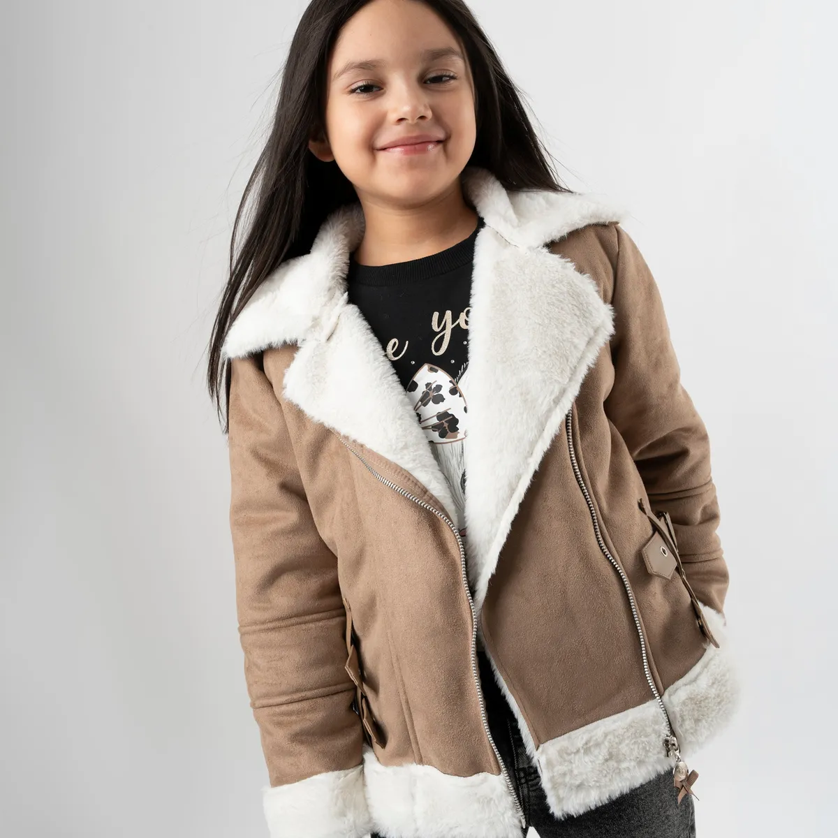 LIMONADA - Chaqueta niña aviadora de gamuza chocolate Limonada