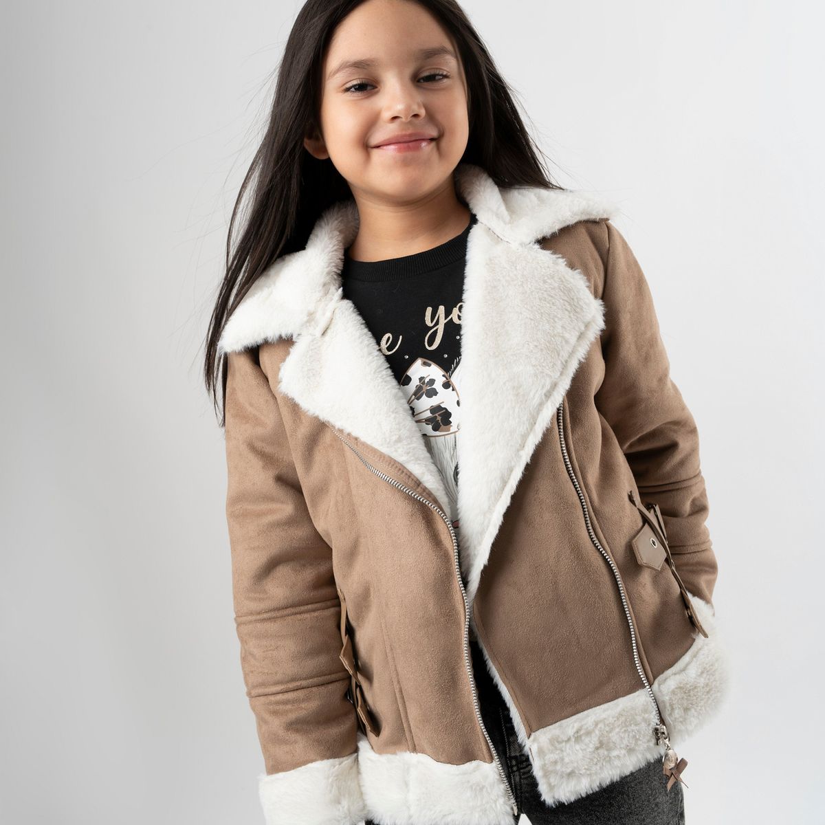LIMONADA - Chaqueta niña aviadora de gamuza chocolate Limonada