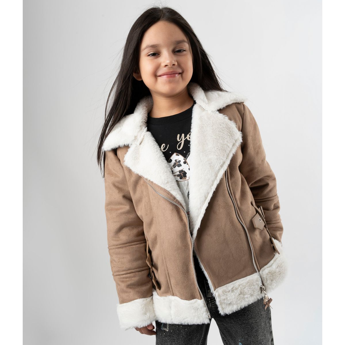LIMONADA - Chaqueta niña aviadora de gamuza chocolate Limonada