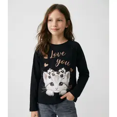 LIMONADA - Polera manga larga niña con gato negro