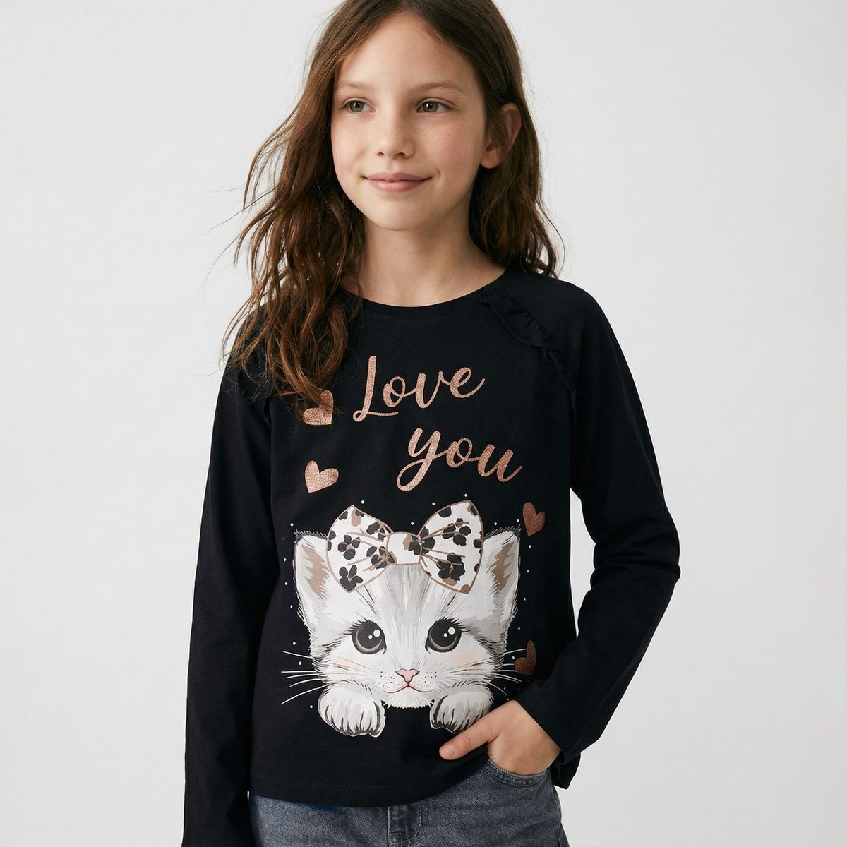 LIMONADA - Polera manga larga niña con gato negro Limonada