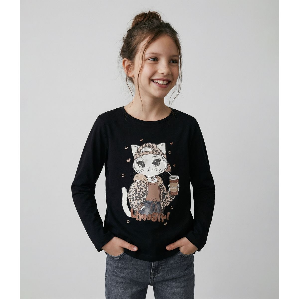 LIMONADA - Polera manga larga niña gato negro Limonada