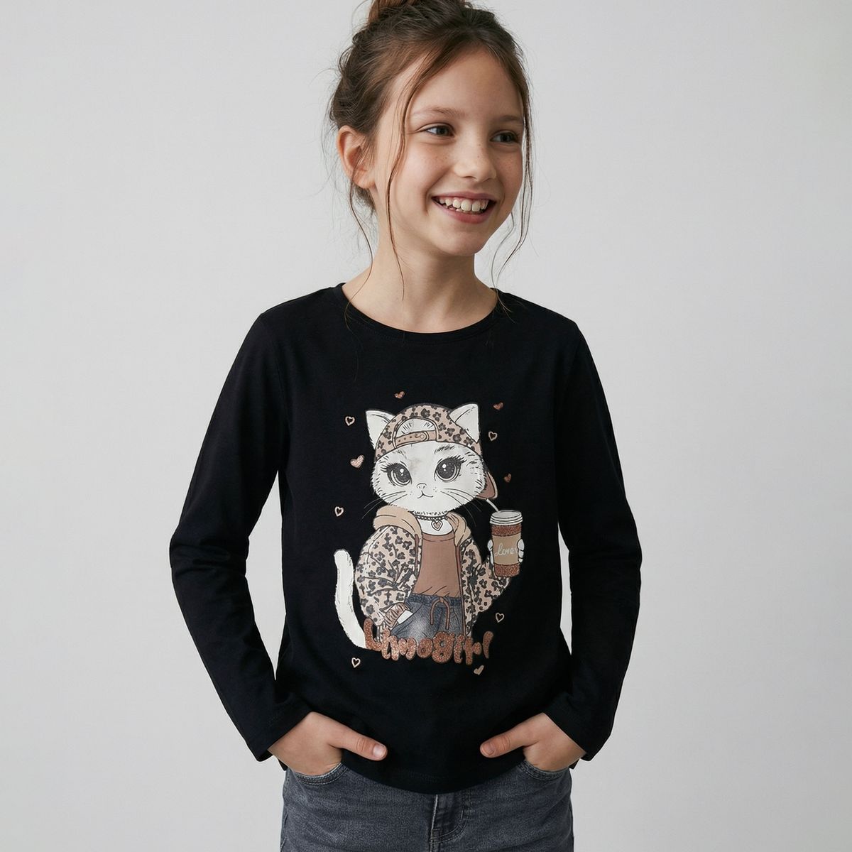 LIMONADA - Polera manga larga niña gato negro Limonada