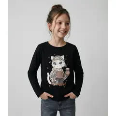 LIMONADA - Polera manga larga niña gato negro