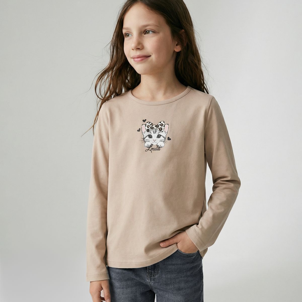 LIMONADA - Polera manga larga niña con gato beige Limonada