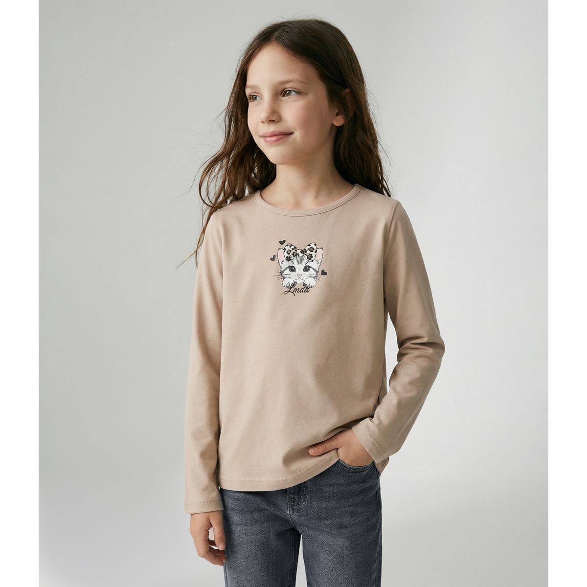 LIMONADA - Polera manga larga niña con gato beige Limonada
