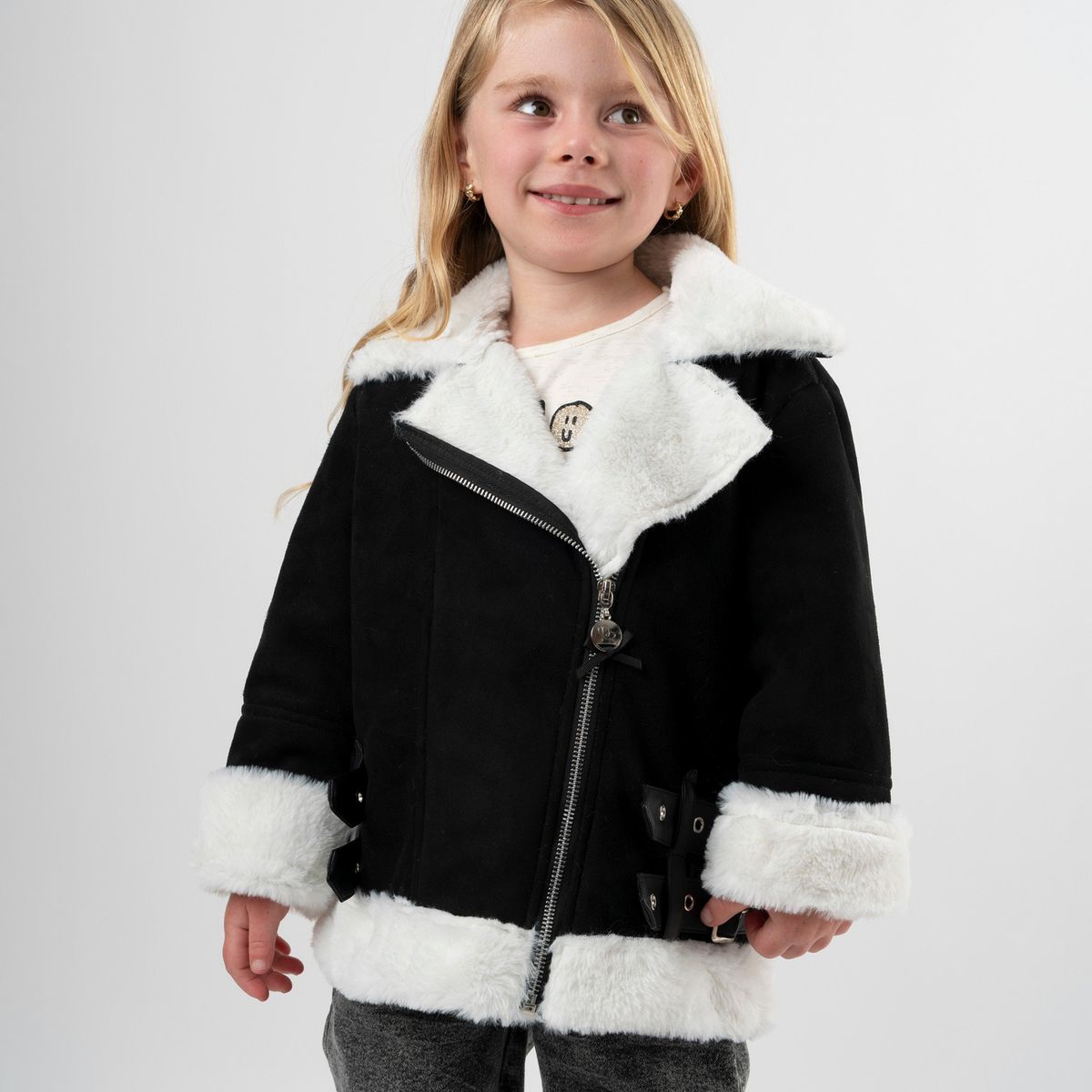 LIMONADA - Chaqueta niña aviadora de gamuza negro Limonada