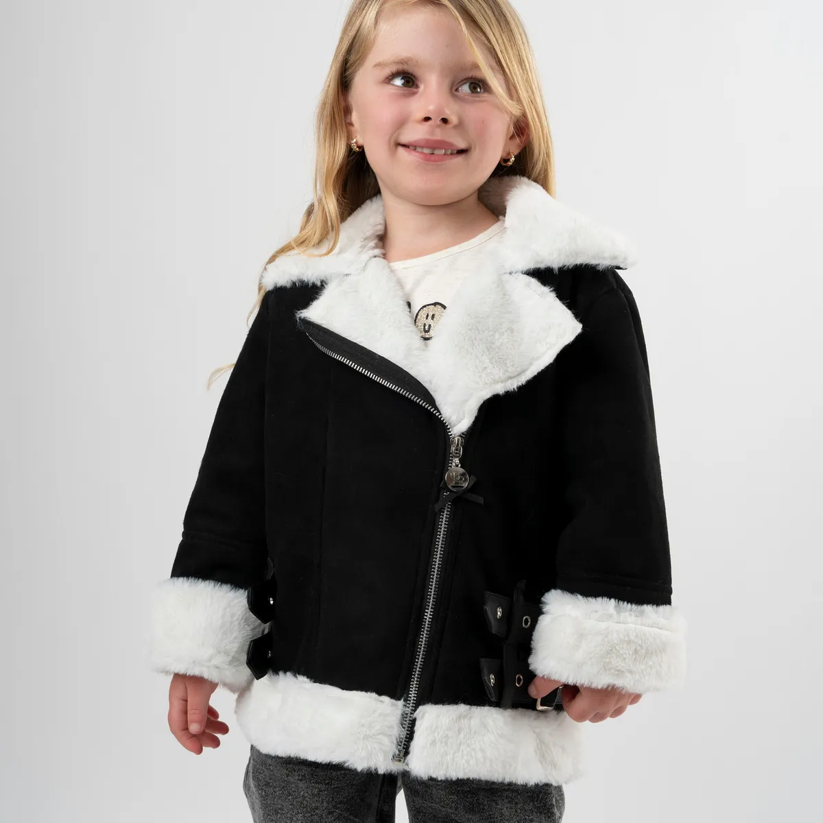 LIMONADA - Chaqueta niña aviadora de gamuza negro Limonada