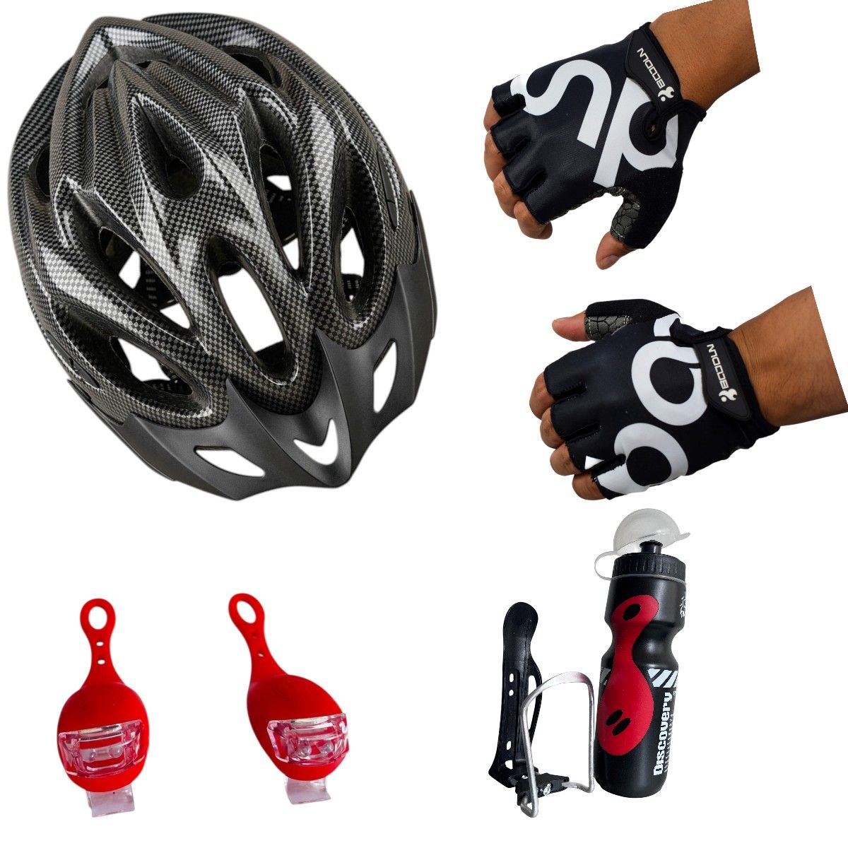 GENERICO - Casco Ciclismo Adulto + Guantes+ Luz+ Botella+ Caramayola