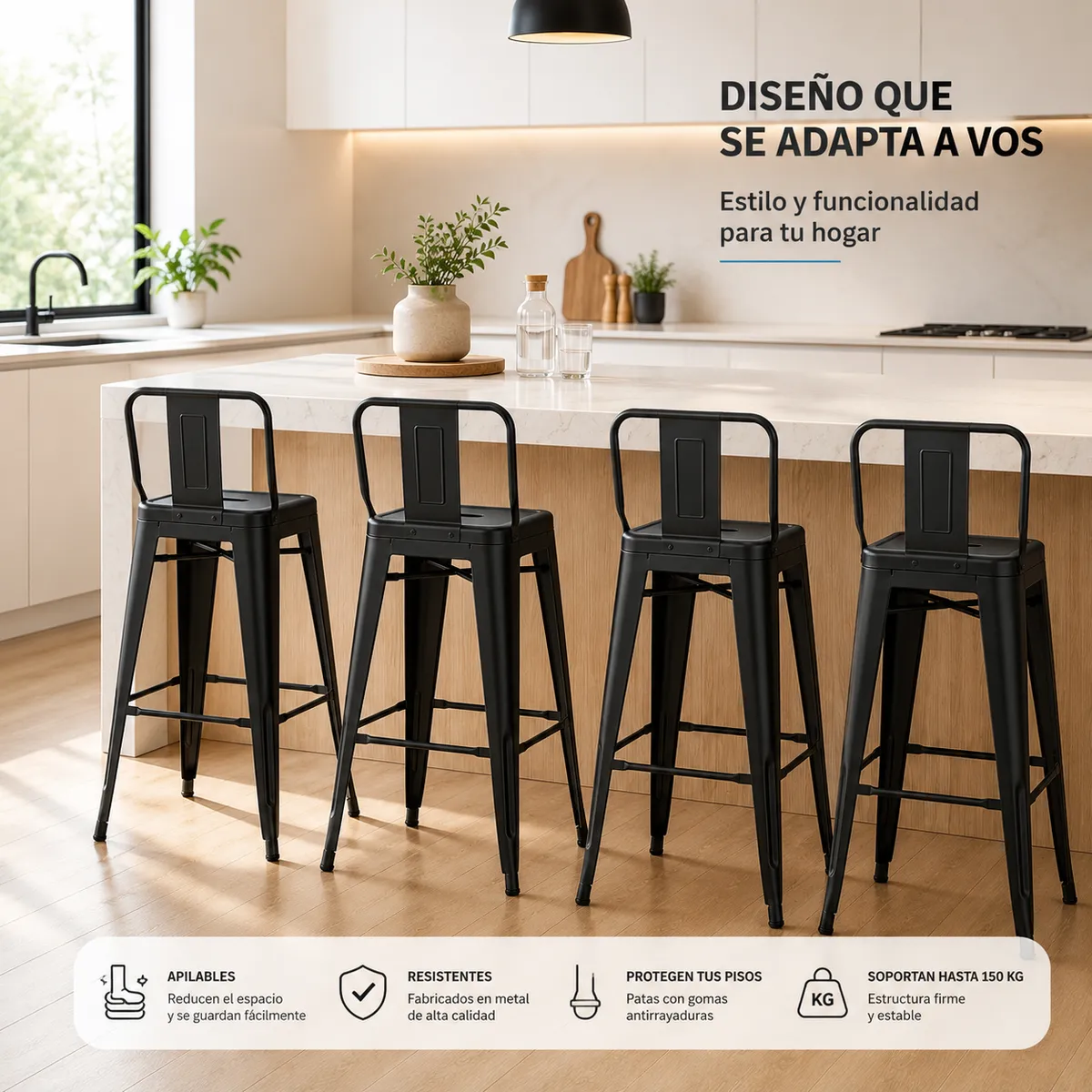 CASA BELLA - Pack 4 Taburetes Tolix 66 Cm Negro Matte Sillas Bar Metal
