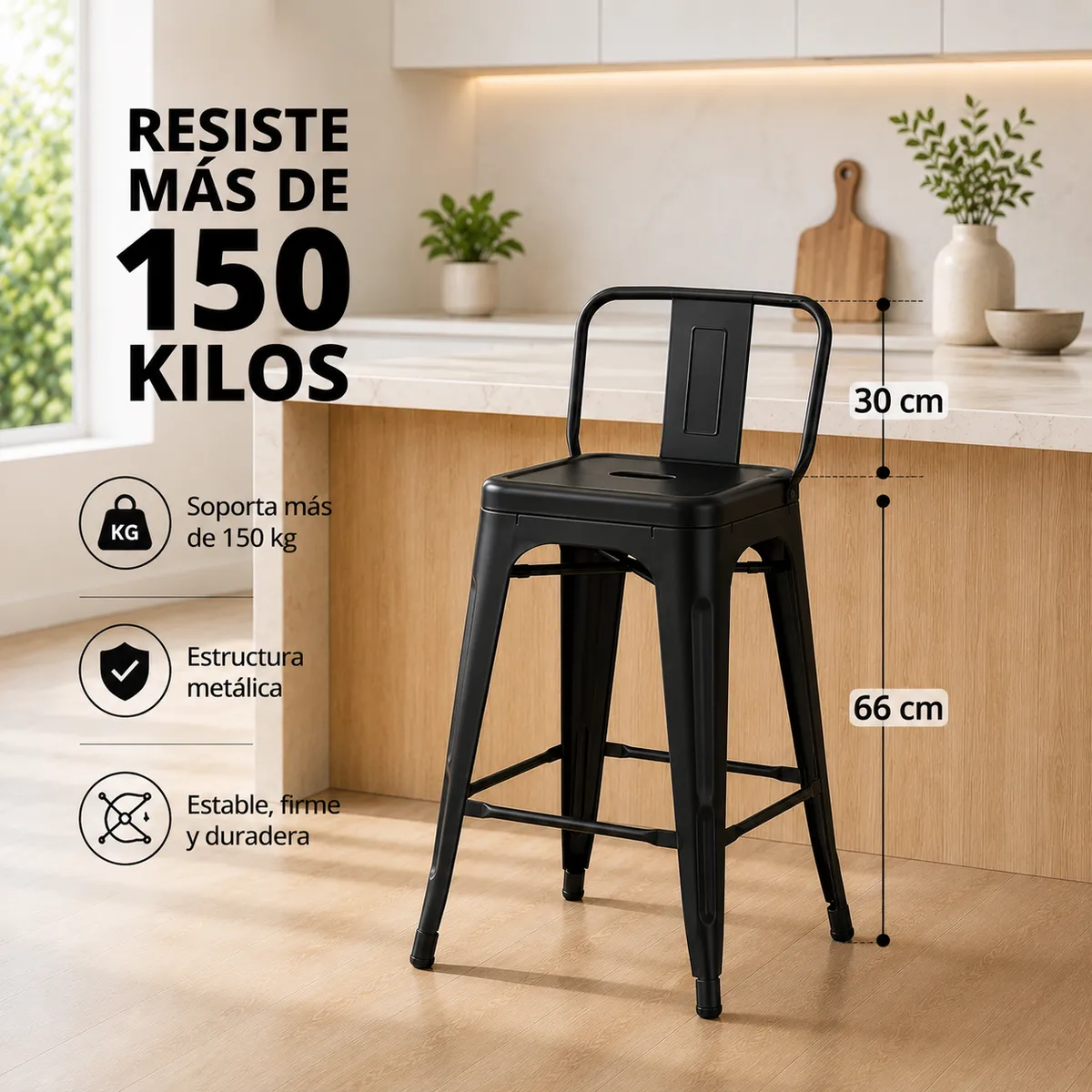 CASA BELLA - Pack 4 Taburetes Tolix 66 Cm Negro Matte Sillas Bar Metal