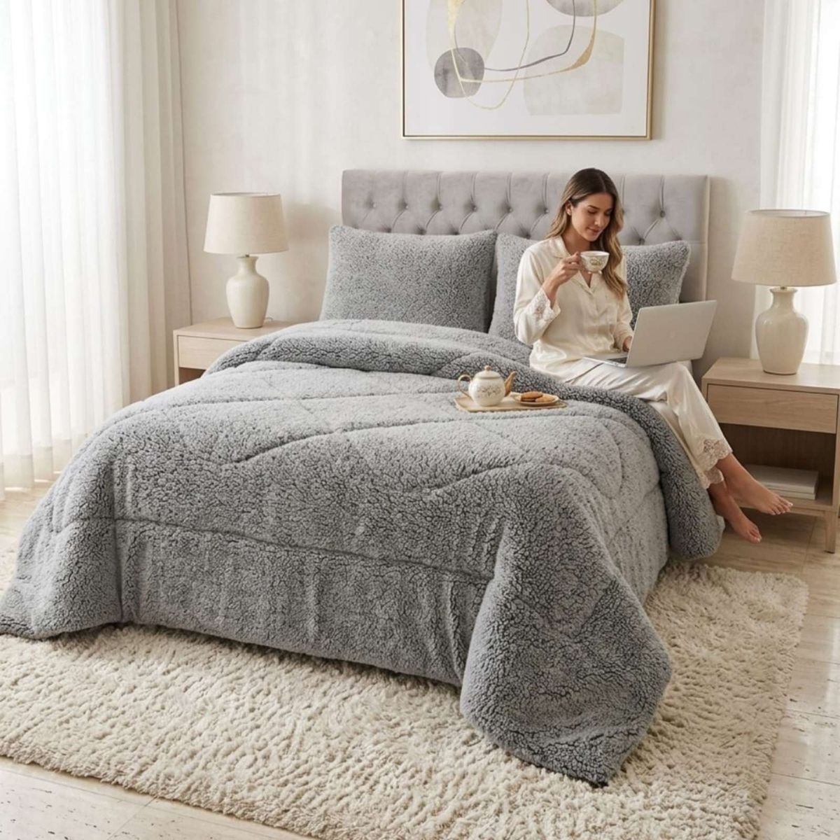 GENERICO - Cubrecamas Sherpa Premium Textura De Oveja 2 Plazas