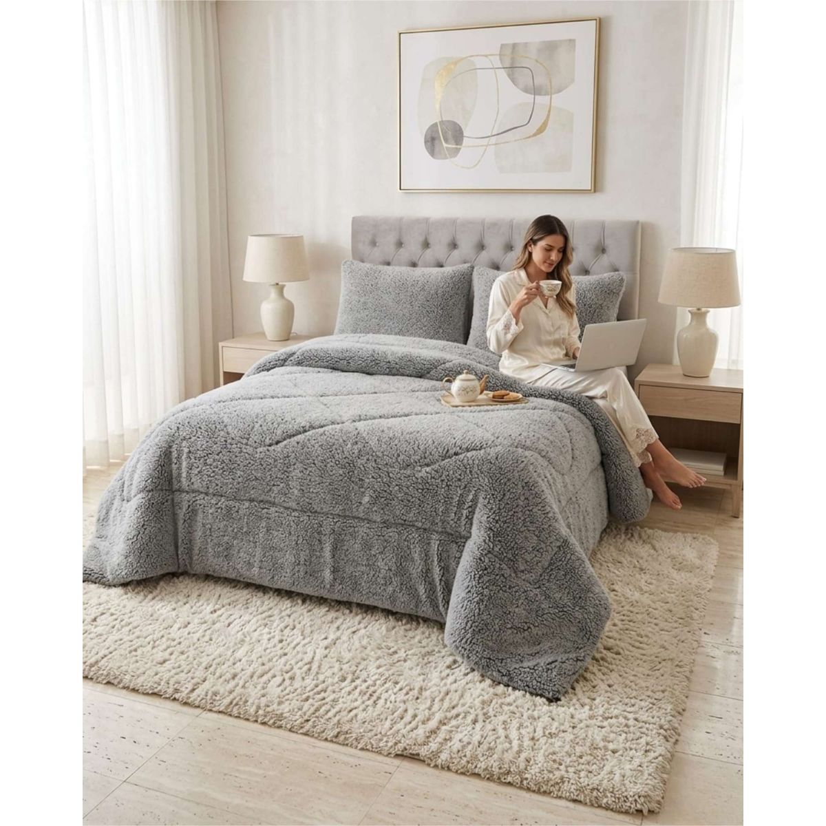 GENERICO - Cubrecamas Sherpa Premium Textura De Oveja 2 Plazas