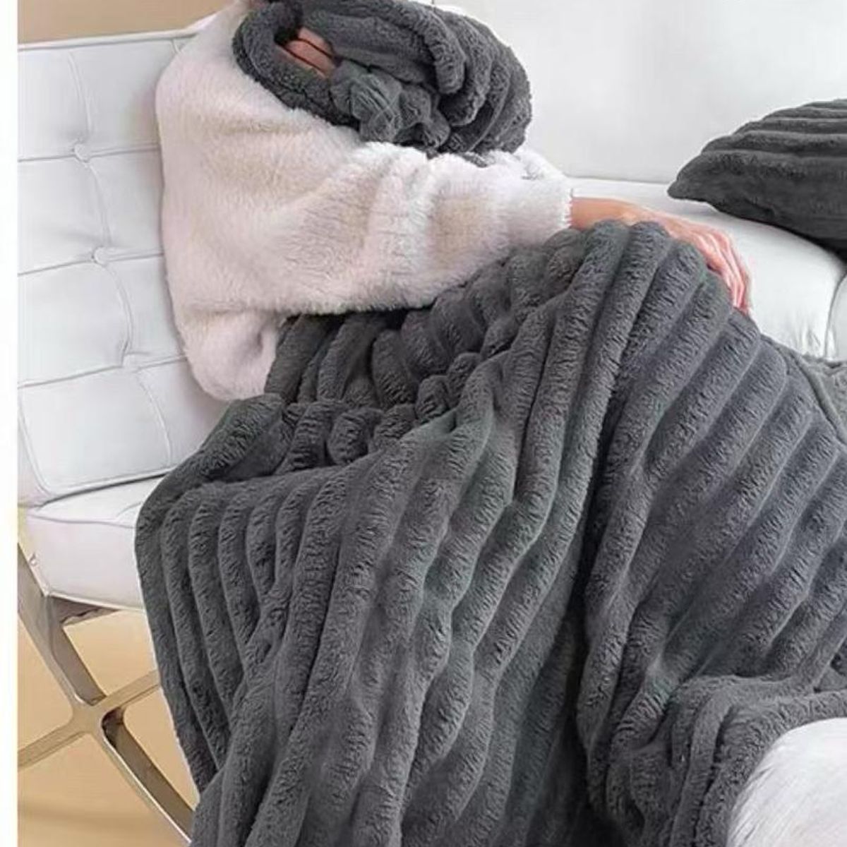 GENERICO - Frazada de Plush y Flannel - Manta termica 2 plazas - Gris Plomo
