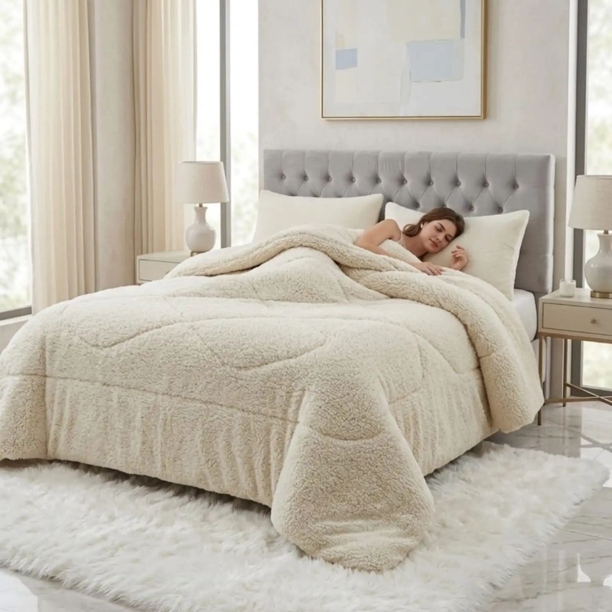 GENERICO - Cubrecamas Sherpa Premium Textura De Oveja 2 Plazas