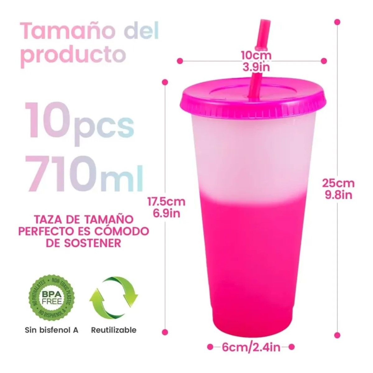 GENERICO - Vasos Magicos Cambian De Color Con Tapa Y Popote 710ml 10pzs BELUG