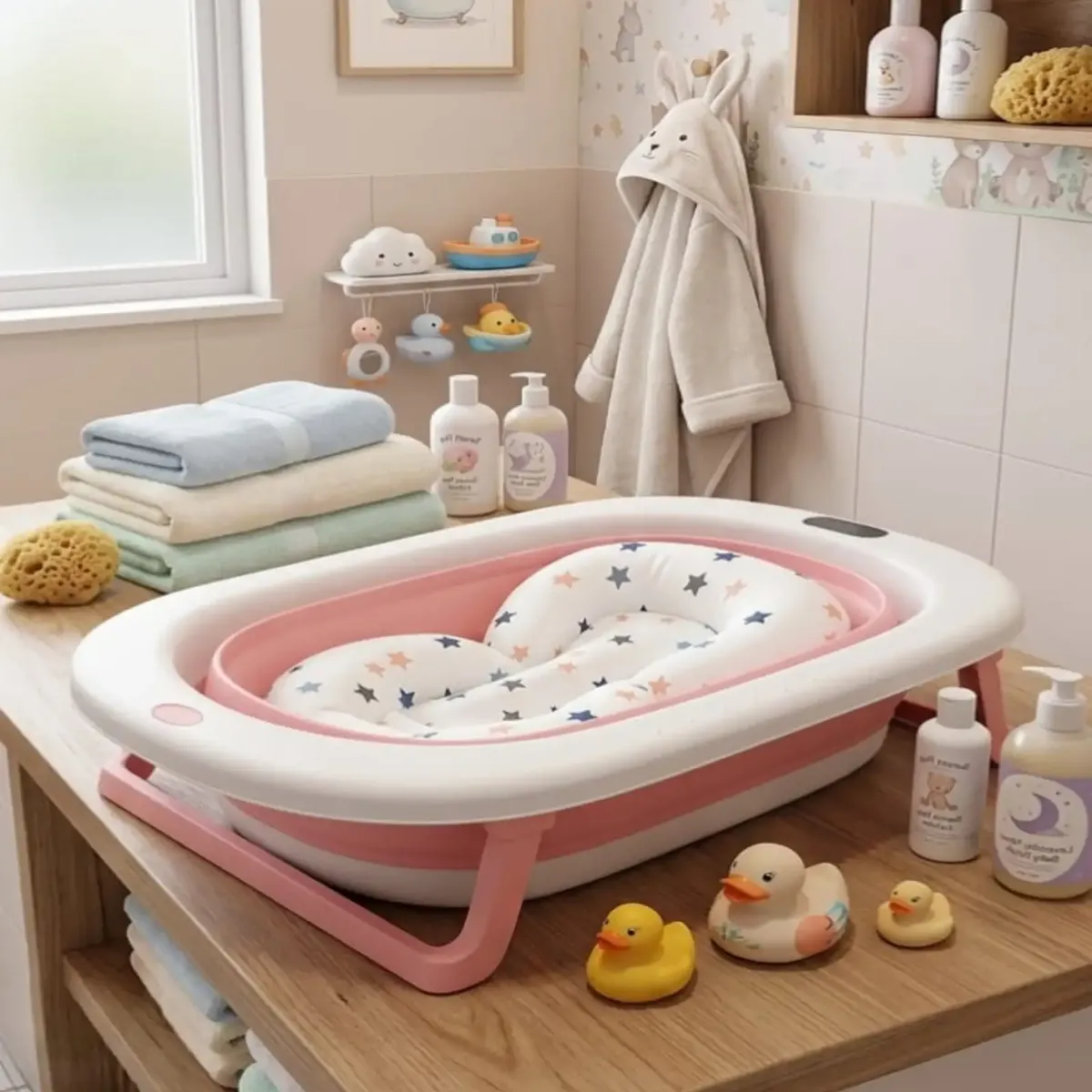 GENERICO - Bañera Plegable Premium Termómetro Digital + Cojín Ergonómico Antideslizante