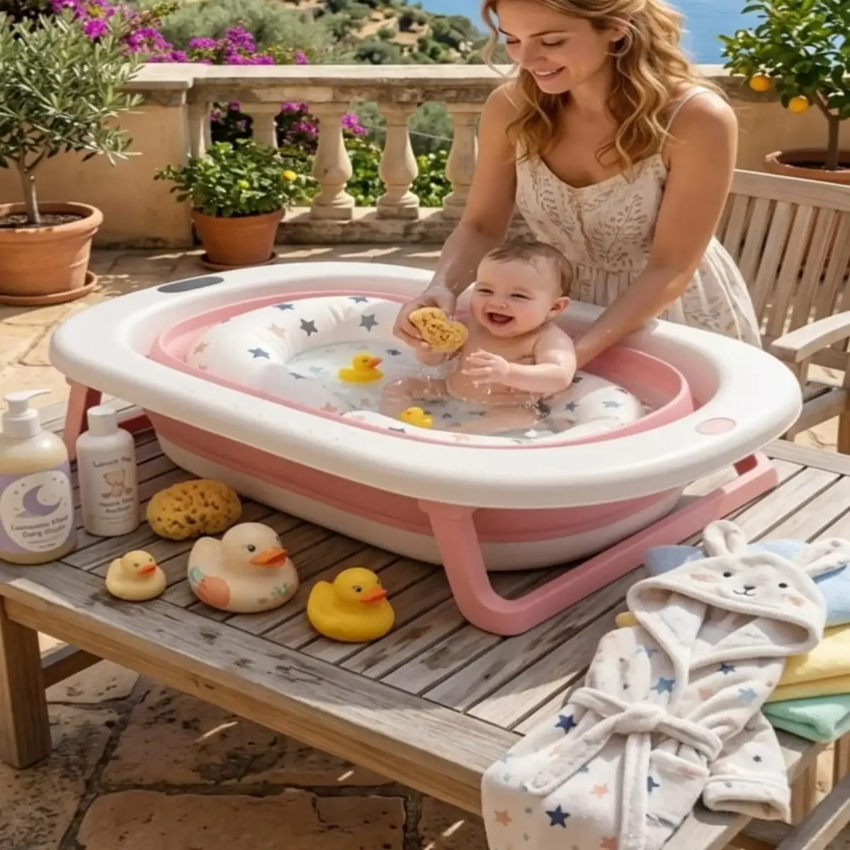 GENERICO - Bañera Plegable Premium Termómetro Digital + Cojín Ergonómico Antideslizante