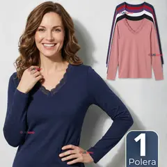 UTILISIMO - Camiseta Polera Polar Cuello V Manga Larga Con Encaje Colores Surtidos Mujer