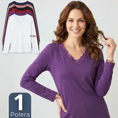 UTILISIMO - Camiseta Polera Polar Cuello V Manga Larga Con Encaje Colores Surtidos Mujer