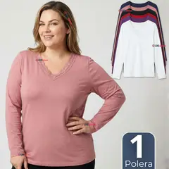 UTILISIMO - Camiseta Polera Polar Cuello V Manga Larga Con Encaje Colores Surtidos Mujer